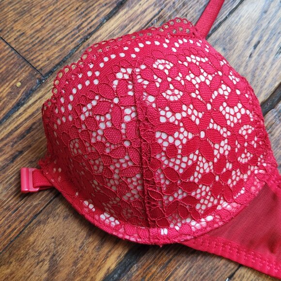 Women's 32A XHILARATION red lace underwire lined front claps racerback bra - Picture 5 of 6